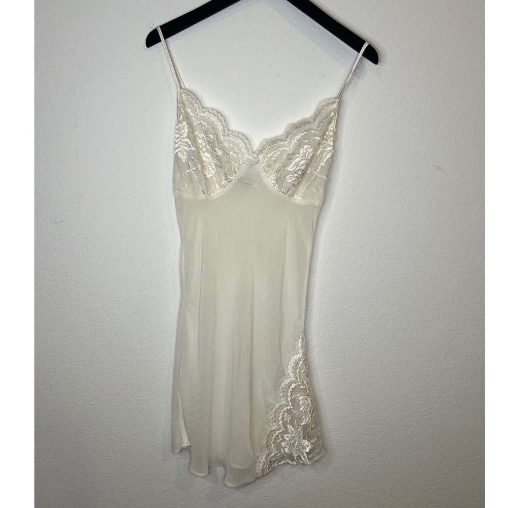 Dentelle Women Nightgown Lace Trim Side Slit Ivory Small